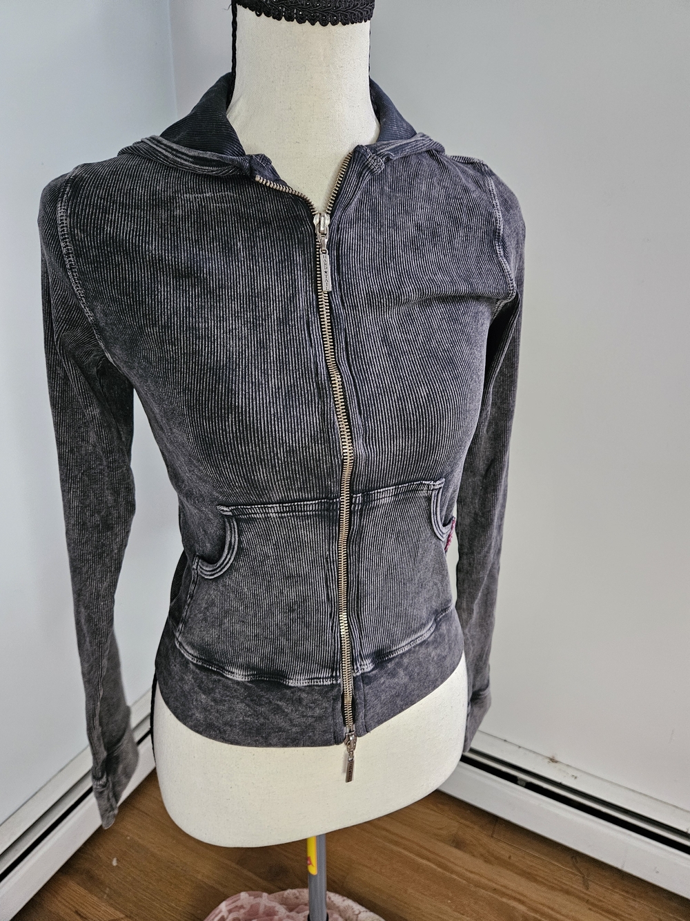 Hard Tail Washed Black Zip-Up Bomber Hoodie. Vintage Inspired Xs.